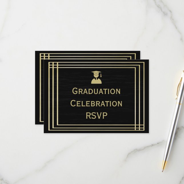 Classy Gold & Black Graduation Party RSVP Card (Front/Back In Situ)