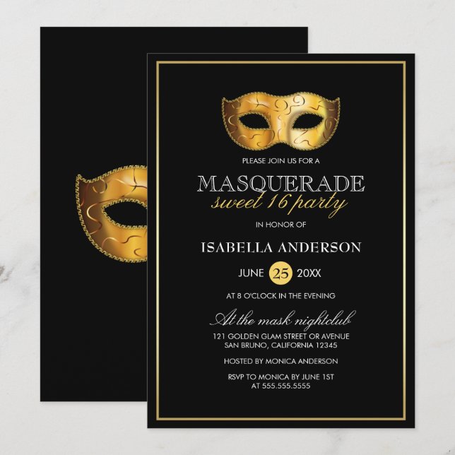 Classy Gold & Black Masquerade Sweet 16 Party Invitation (Front/Back)
