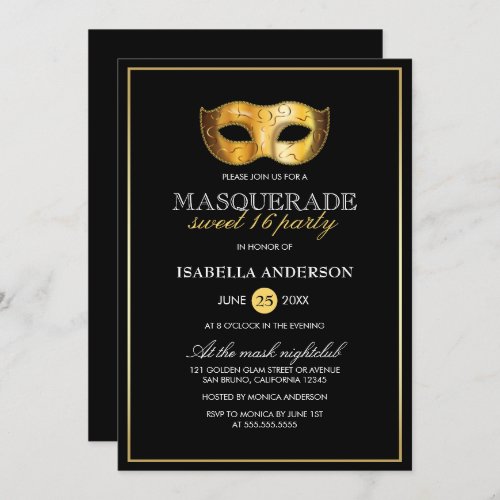 Classy Gold  Black Masquerade Sweet 16 Party Invitation