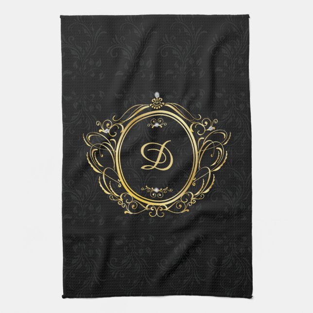 Classy gold black monogram damask design kitchen towel (Vertical)