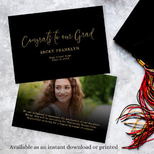 Classy Gold Black Photo Overlay Script Graduation Announcement