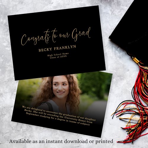 Classy Gold Black Photo Overlay Script Graduation Announcement