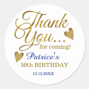 Classy Gold Blue 50th Birthday Thank You   Classic Round Sticker