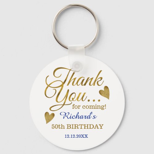 Classy Gold Blue 50th Birthday Thank You Favor   Keychain