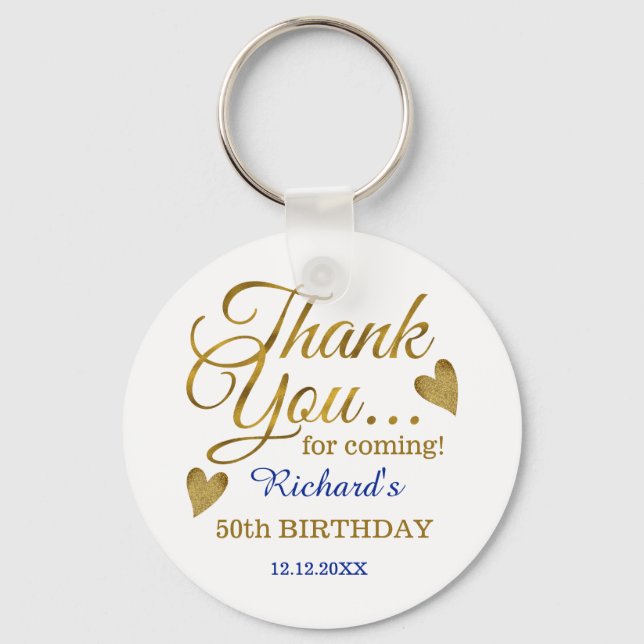 Classy Gold Blue 50th Birthday Thank You Favor   Keychain (Front)