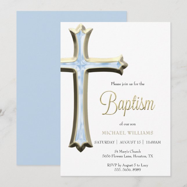 Classy Gold & Blue Cross Baptism Invitation (Front/Back)