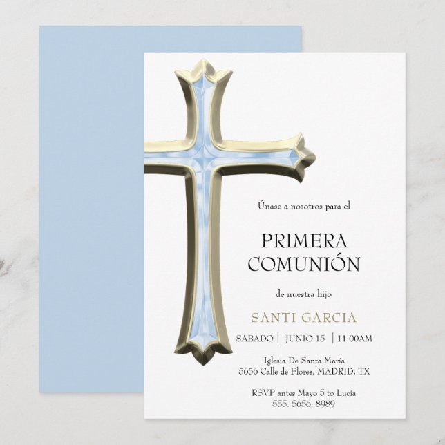 Classy Gold & Blue Cross Comunión Invitation (Front/Back)