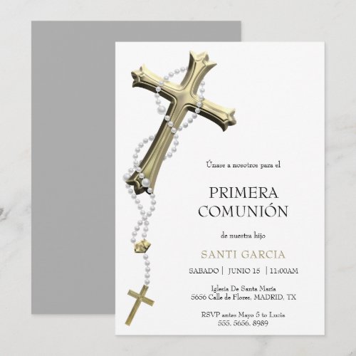 Classy Gold & Blue Cross Comunión Invitation