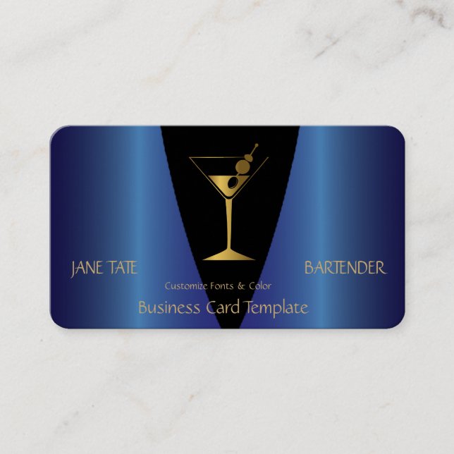 Classy Gold Blue Metallic Bartender Business Card (Front)