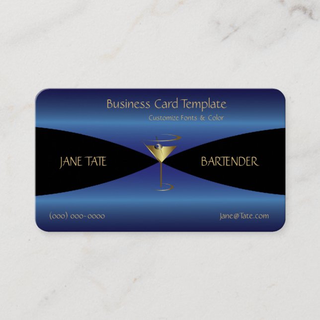 Classy Gold Blue Metallic Bartender Business Card (Front)