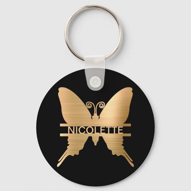Classy Gold Butterfly Add Name Monogram Custom Keychain (Front)