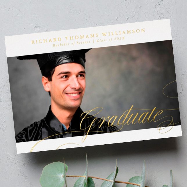 Classy Gold Calligraphy Photo College Graduation Foil Invitation (Creator Uploaded)