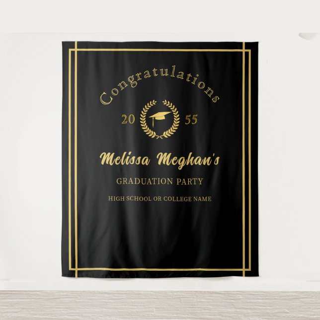 Classy Gold Cap Laurel Wreath Grad Party Back Drop (Front)