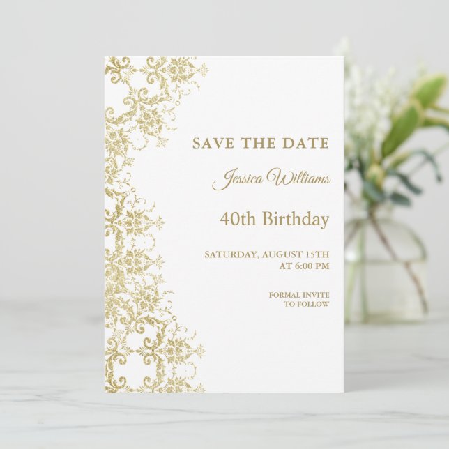 Classy Gold Damask 40th Birthday Save The Date (Standing Front)