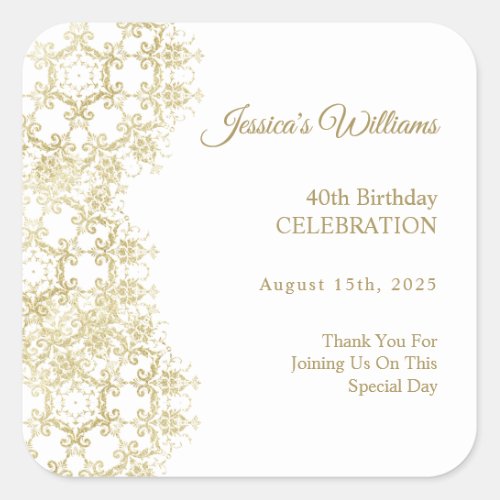 Classy Gold Damask 40th Birthday Square Sticker