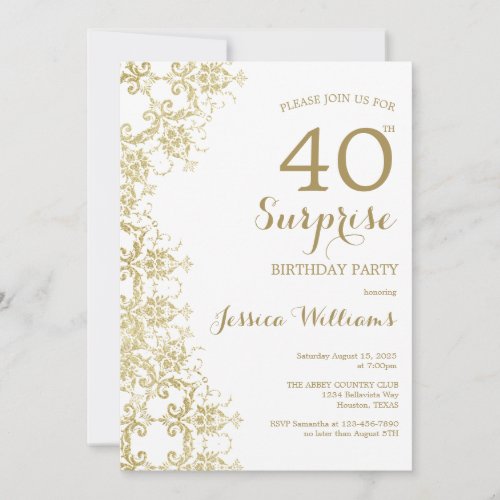 Classy Gold Damask 40th Birthday Surprise Invitation