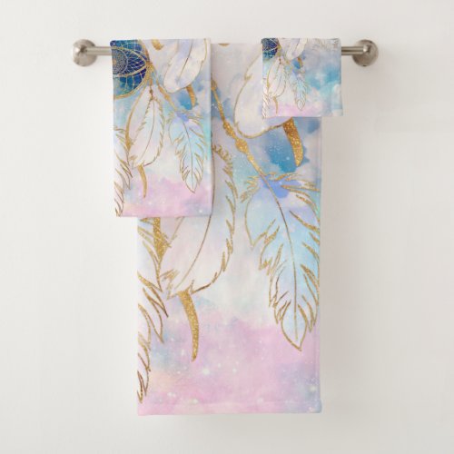 Classy Gold dreamcatcher Rainbow Clouds Sky design Bath Towel Set