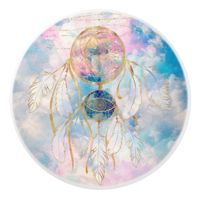 Classy Gold dreamcatcher Rainbow Clouds Sky design Ceramic Knob (Front)