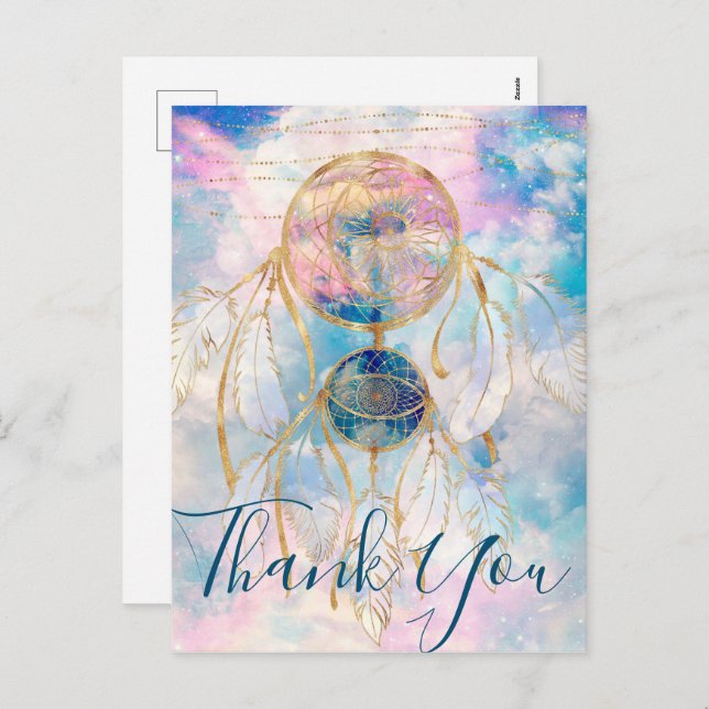 Classy Gold dreamcatcher Rainbow Clouds Sky design Holiday Postcard (Front/Back)