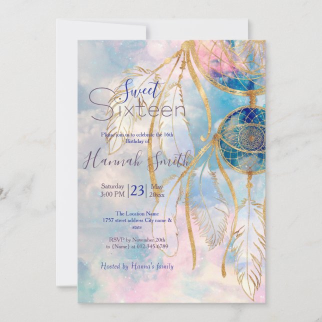 Classy Gold dreamcatcher Rainbow Clouds Sky design Invitation (Front)