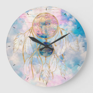 Classy Gold dreamcatcher Rainbow Clouds Sky design Large Clock