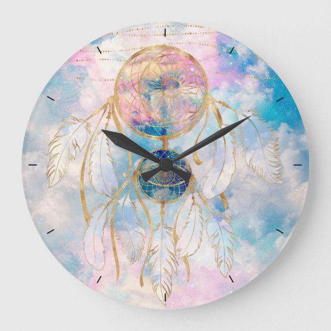 Classy Gold dreamcatcher Rainbow Clouds Sky design Large Clock (Front)