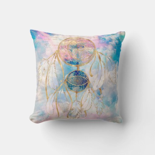 Classy Gold dreamcatcher Rainbow Clouds Sky design Throw Pillow