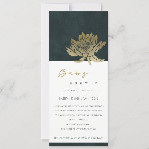 CLASSY GOLD EMERALD GREEN LOTUS FLORAL BABY SHOWER INVITATION