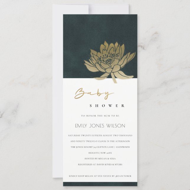 CLASSY GOLD EMERALD GREEN LOTUS FLORAL BABY SHOWER INVITATION (Front)