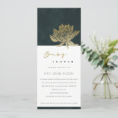 CLASSY GOLD EMERALD GREEN LOTUS FLORAL BABY SHOWER INVITATION (Standing Front)
