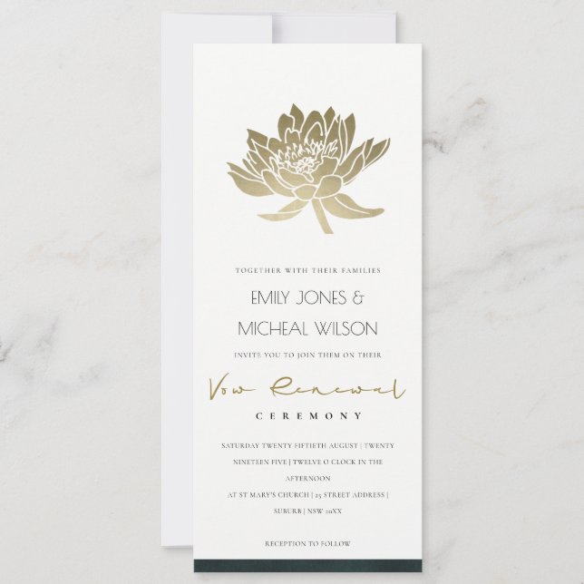 Classy Gold Emerald Green Lotus Floral Vow Renewal Invitation (Front)