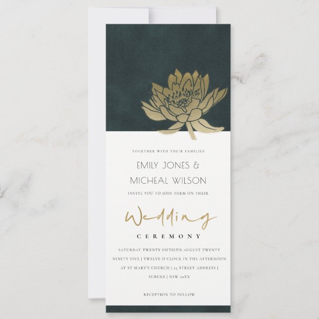 CLASSY GOLD EMERALD GREEN LOTUS FLORAL WEDDING INVITATION (Front)