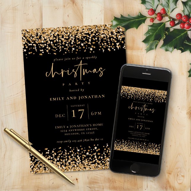 Classy Gold Faux Glitter Christmas Party Black Invitation (Creator Uploaded)