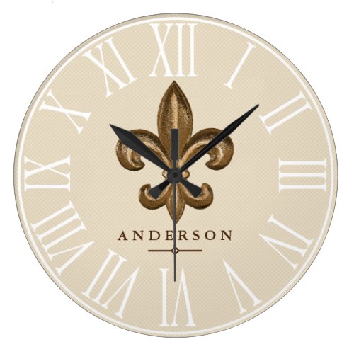 Classy Gold Fleur de Lis &amp; Taupe | Personalized Large Clock