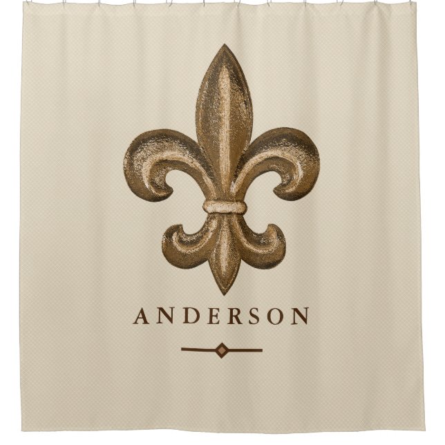 Classy Gold Fleur de Lis & Taupe | Personalized Shower Curtain (Front)