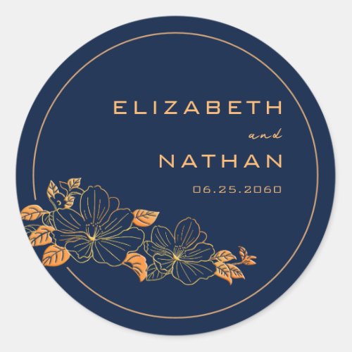 Classy Gold Floral Navy Blue Foliage Wedding  Classic Round Sticker