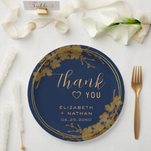 Classy Gold Floral Navy Blue Paper Plates