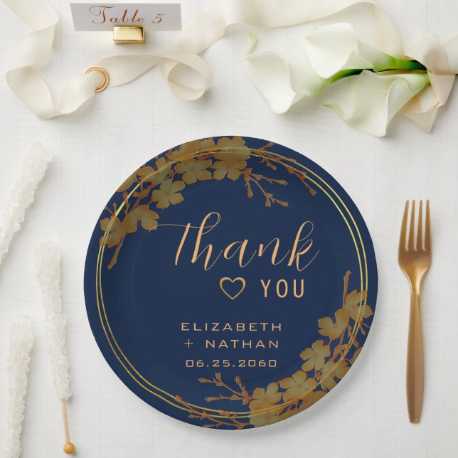 Classy Gold Floral Navy Blue Paper Plates (Wedding)