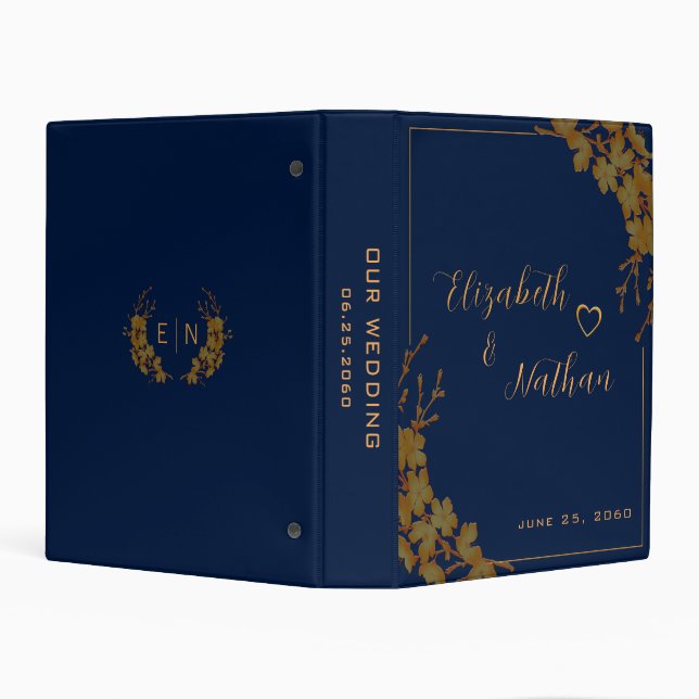 Classy Gold Floral Navy Blue Wedding Notes Photos Mini Binder (Background)