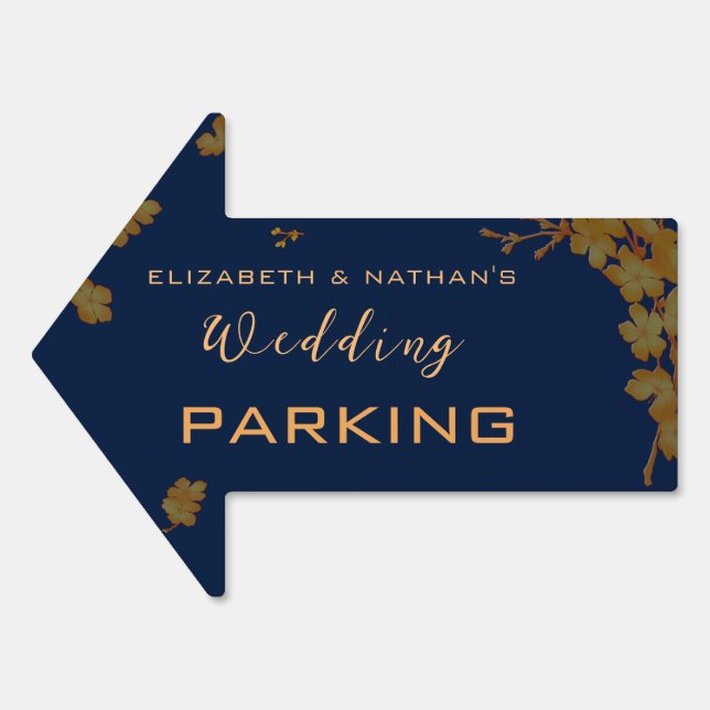 Classy Gold Floral Navy Blue Wedding Parking Arrow Sign (Front)