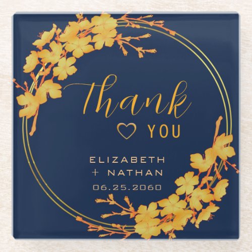 Classy Gold Floral Navy Blue Wedding Thank You Glass Coaster