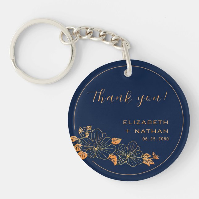 Classy Gold Floral Navy Blue Wedding Thank You Keychain (Front)
