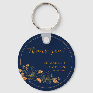 Classy Gold Floral Navy Blue Wedding Thank You Keychain
