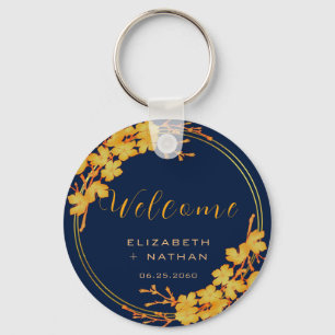 Classy Gold Floral Navy Blue Wedding Welcome Keychain