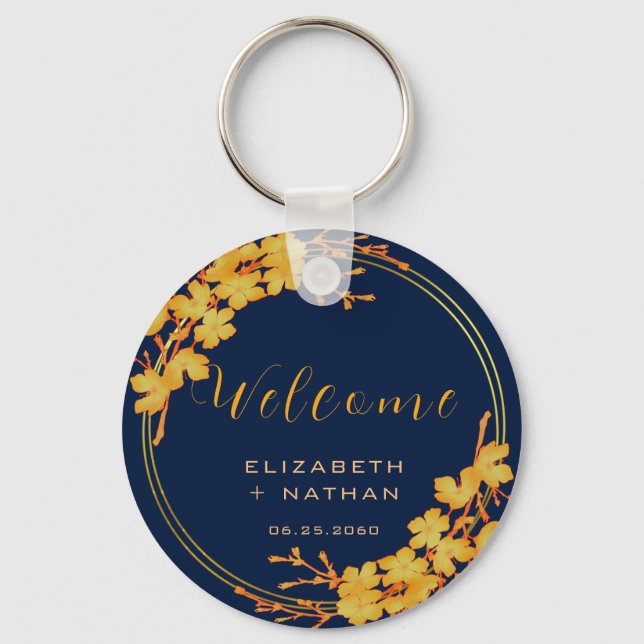 Classy Gold Floral Navy Blue Wedding Welcome Keychain (Front)