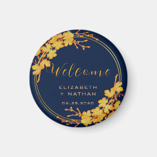 Classy Gold Floral Navy Blue Wedding welcome Magnet