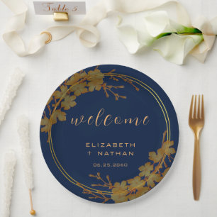 Classy Gold Floral Navy Blue Welcome Paper Plates