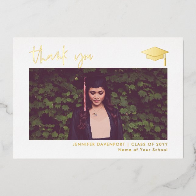 Classy Gold foil Graduation thank you with photo Foil Holiday Card (Front)