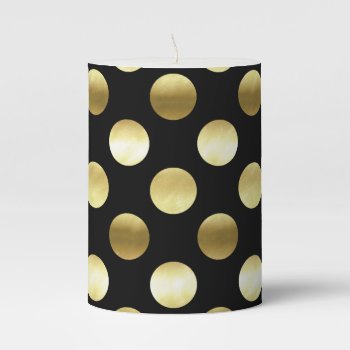 Classy Gold Foil Polka Dots Black Pillar Candle by GiftsGaloreStore at Zazzle