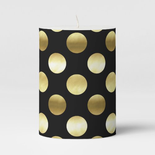 Classy Gold Foil Polka Dots Black Pillar Candle